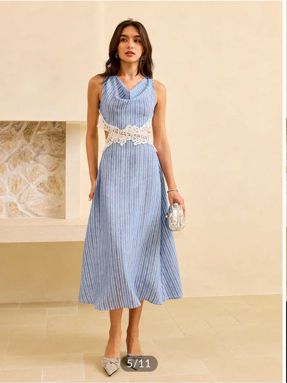 COMMENSE MEDIUM side panel cut out Blue & White Striped Lace-Inset Women’s Dress - Picture 11 of 14
